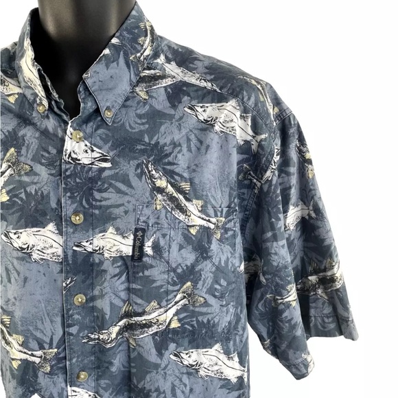 Mens Columbia Fishing Short Sleeve Fish Print Button Up Shirt Sz M Cotton - Picture 1 of 7